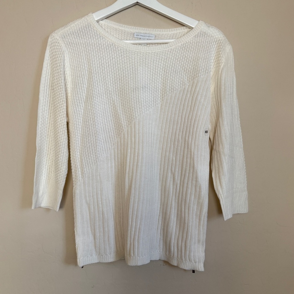 New York & Co Cream Ribbed Zippered Pullover Lightweight Sweater 3/4 Sleeve XS